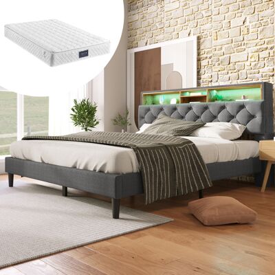 ACKERMAN Lit Double Capitonné Avec Tête De Lit De Rangement, Éclairage Led, Cadre De Lit En Bois Et Sommier À Lattes, 140200cm Gris (avec Matelas) - Publicité ACKERMAN Lit Double Capitonné Avec Tête De Lit De Rangement, Éclairage Led, Cadre De Lit En Bois Et Sommier À Lattes, 140200cm Gris (avec Matelas) - Publicité