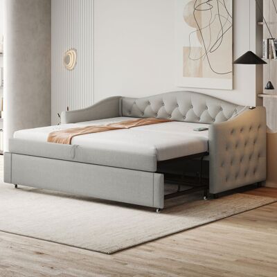 ACKERMAN Lit Capitonné Canapé-lit Extensible, 90 X 200 Cm, Avec Port Usb, Forme Classique Avec Boutons Avec Sommier À Lattes, Lit Multifonctionnel – Lit D'Appoint, Tissu Lin, Gris (matelas Non Inclus) - Publicité ACKERMAN Lit Capitonné Canapé-lit Extensible, 90 X 200 Cm, Avec Port Usb, Forme Classique Avec Boutons Avec Sommier À Lattes, Lit Multifonctionnel – Lit D'Appoint, Tissu Lin, Gris (matelas Non Inclus) - Publicité