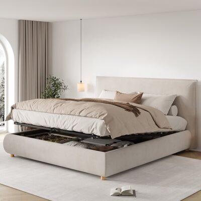 LEMONBEST Lit Double Rembourré 180x200 Cm Avec Coffrage Hydraulique, Tête De Lit Velours, Pieds En Bois Massif Et Sommier À Lattes - Beige - Publicité LEMONBEST Lit Double Rembourré 180x200 Cm Avec Coffrage Hydraulique, Tête De Lit Velours, Pieds En Bois Massif Et Sommier À Lattes - Beige - Publicité