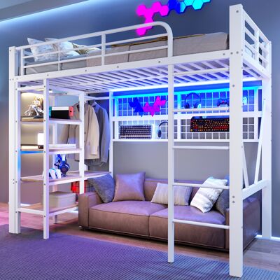 LEMONBEST Lit Mezzanine 90x200 Cm Avec Rangements, Étagère, Penderie, Filet Suspendu, Espace Ouvert Sous Le Lit, Éclairage Led, Métal, Blanc - Publicité LEMONBEST Lit Mezzanine 90x200 Cm Avec Rangements, Étagère, Penderie, Filet Suspendu, Espace Ouvert Sous Le Lit, Éclairage Led, Métal, Blanc - Publicité