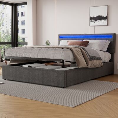 ACKERMAN Lit Plat 160200 Cm, Capitonné, Éclairage D'Ambiance, Lit Relevable, Prises Usb Et Type-c, Grand Rangement, Gris - Publicité ACKERMAN Lit Plat 160200 Cm, Capitonné, Éclairage D'Ambiance, Lit Relevable, Prises Usb Et Type-c, Grand Rangement, Gris - Publicité