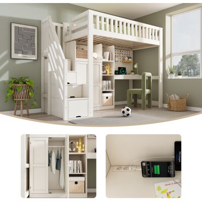 ACKERMAN Lit Mezzanine Enfant Blanc 90x200cm Avec Bureau, Armoire Échelle Et Penderie, Étagères Ouvertes, Ports Usb/usb-c, Sommier À Lattes, Solution Tout-en-un Gain De Place, Matelas Non Inclus - Publicité ACKERMAN Lit Mezzanine Enfant Blanc 90x200cm Avec Bureau, Armoire Échelle Et Penderie, Étagères Ouvertes, Ports Usb/usb-c, Sommier À Lattes, Solution Tout-en-un Gain De Place, Matelas Non Inclus - Publicité