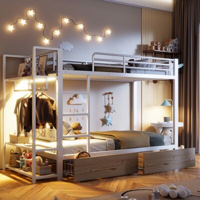 ACKERMAN Lit Superposé, 90 X 200 Cm, Cadre En Fer, 2 Tiroirs, Plusieurs Surfaces De Rangement, Avec Bandeau Led, Avec Tringle À Vêtements, Matelas Non Inclus Dans La Livraison, Blanc - Publicité ACKERMAN Lit Superposé, 90 X 200 Cm, Cadre En Fer, 2 Tiroirs, Plusieurs Surfaces De Rangement, Avec Bandeau Led, Avec Tringle À Vêtements, Matelas Non Inclus Dans La Livraison, Blanc - Publicité