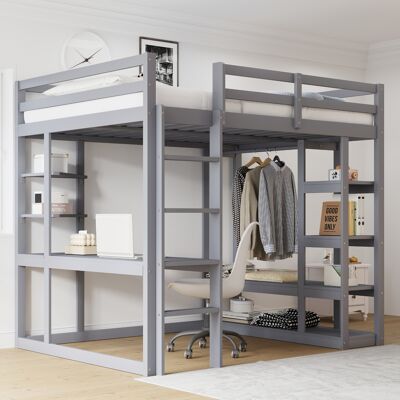ACKERMAN Lit Mezzanine Avec Échelle En Bois Massif 140200 Cm, Avec Table Et Étagères, Avec Patères Simples Et Étagère En Stratifié, Lits D'Enfant, Lits Junior, Lits Doubles, Gris - Publicité ACKERMAN Lit Mezzanine Avec Échelle En Bois Massif 140200 Cm, Avec Table Et Étagères, Avec Patères Simples Et Étagère En Stratifié, Lits D'Enfant, Lits Junior, Lits Doubles, Gris - Publicité