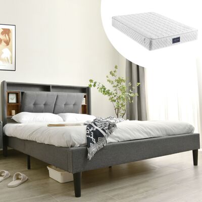 ACKERMAN Lit Double Capitonné Avec Tête De Lit De Rangement, Port De Chargement Usb Et Éclairage Led, Cadre De Lit En Bois Avec Sommier À Lattes, 140200cm Gris (avec Matelas) - Publicité ACKERMAN Lit Double Capitonné Avec Tête De Lit De Rangement, Port De Chargement Usb Et Éclairage Led, Cadre De Lit En Bois Avec Sommier À Lattes, 140200cm Gris (avec Matelas) - Publicité