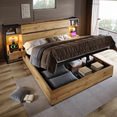 ACKERMAN Lit Double En Bois 180×200cm, Lit Coffre Hydraulique, Tête De Lit Coffre Avec Tiroirs Et Port De Chargement Usb Et Type-c, Cadre De Lit À Lattes En Bois, Couleur Chêne (sans Matelas). Publicité ACKERMAN Lit Double En Bois 180×200cm, Lit Coffre Hydraulique, Tête De Lit Coffre Avec Tiroirs Et Port De Chargement Usb Et Type-c, Cadre De Lit À Lattes En Bois, Couleur Chêne (sans Matelas). Publicité