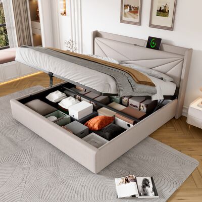 OEM Lit Double Capitonné Avec Rangement, Coffre De Lit Avec Fonction De Chargement Usb Type C, Tête De Lit, Lits Coffres, Cadre De Lit En Lin, Lit Enfant 140x200 Avec Sommier À Lattes (sans Matelas) - Publicité OEM Lit Double Capitonné Avec Rangement, Coffre De Lit Avec Fonction De Chargement Usb Type C, Tête De Lit, Lits Coffres, Cadre De Lit En Lin, Lit Enfant 140x200 Avec Sommier À Lattes (sans Matelas) - Publicité
