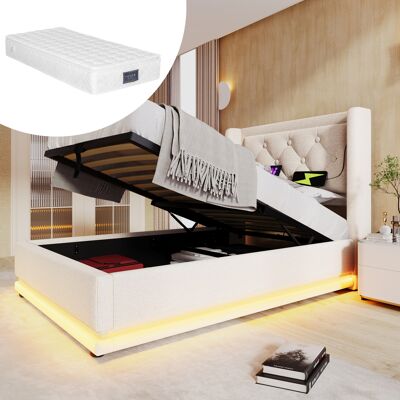 ACKERMAN Lit Simple Capitonné 90200 Cm, Revêtement En Coton Beige, Sommier Coffre Hydraulique, Tête De Lit Rembourrée Avec Port De Chargement Usb Type-c, Éclairage Led 3 Faces (avec Matelas) - Publicité ACKERMAN Lit Simple Capitonné 90200 Cm, Revêtement En Coton Beige, Sommier Coffre Hydraulique, Tête De Lit Rembourrée Avec Port De Chargement Usb Type-c, Éclairage Led 3 Faces (avec Matelas) - Publicité