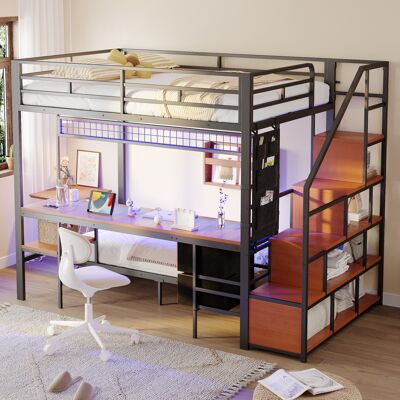 ACKERMAN Lit Mezzanine En Métal, Lit Multifonctionnel Avec Bureau, Led, Avec Prises, Rangement Ouvert Et Tiroirs En Tissu – Lit Supérieur 140 X 200, Et Lit Inférieur 90 X 200, Noir - Publicité ACKERMAN Lit Mezzanine En Métal, Lit Multifonctionnel Avec Bureau, Led, Avec Prises, Rangement Ouvert Et Tiroirs En Tissu – Lit Supérieur 140 X 200, Et Lit Inférieur 90 X 200, Noir - Publicité
