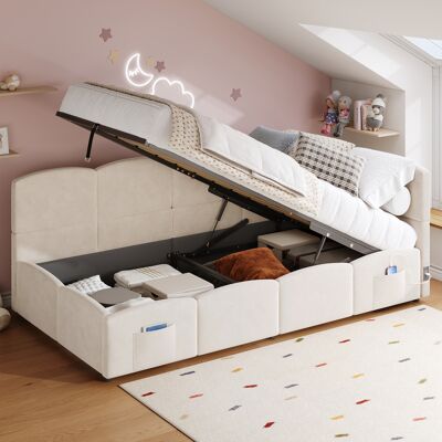 LEMONBEST Lit De Jour 90x200 Cm En Velours Beige Avec Rangement, Usb, Sommier À Lattes, Lit Ado/adulte, Sans Matelas - Publicité LEMONBEST Lit De Jour 90x200 Cm En Velours Beige Avec Rangement, Usb, Sommier À Lattes, Lit Ado/adulte, Sans Matelas - Publicité