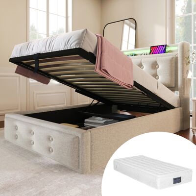 ACKERMAN Lit Rembourré 90x200, Lit Simple Avec Tête De Lit Led Et Fonction De Chargement Usb C, Lit Hydraulique Avec Sommier À Lattes En Bois Et Cadre En Métal, Capacité De Charge 150 Kg, Beige, Coton (avec Ma - Publicité ACKERMAN Lit Rembourré 90x200, Lit Simple Avec Tête De Lit Led Et Fonction De Chargement Usb C, Lit Hydraulique Avec Sommier À Lattes En Bois Et Cadre En Métal, Capacité De Charge 150 Kg, Beige, Coton (avec Ma - Publicité