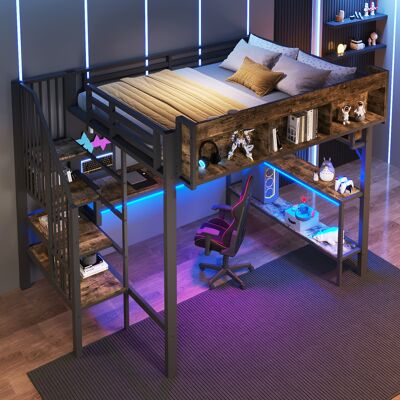 ACKERMAN Lit Mezzanine Vintage Marron Et Noir 140x200 Cm Avec Bureau D'Angle, Espace De Rangement Et Panneau Perforé, Prise Usb Type-c Et Led, Grand Lit Mezzanine En747 (sans Matelas) - Publicité ACKERMAN Lit Mezzanine Vintage Marron Et Noir 140x200 Cm Avec Bureau D'Angle, Espace De Rangement Et Panneau Perforé, Prise Usb Type-c Et Led, Grand Lit Mezzanine En747 (sans Matelas) - Publicité