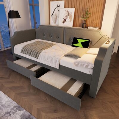 ACKERMAN Canapé-lit Capitonné 90x200 Cm Avec Lampe De Lecture Usb Type-c, Canapé-lit Convertible Avec 2 Tiroirs De Rangement, Lit Enfant, Lit Jeune, Cadre De Lit À Lattes En Bois, Velours, Gris (sans Matelas) - Publicité ACKERMAN Canapé-lit Capitonné 90x200 Cm Avec Lampe De Lecture Usb Type-c, Canapé-lit Convertible Avec 2 Tiroirs De Rangement, Lit Enfant, Lit Jeune, Cadre De Lit À Lattes En Bois, Velours, Gris (sans Matelas) - Publicité
