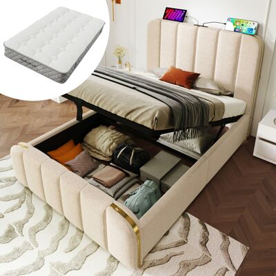 ACKERMAN Lit Simple Capitonné, Tête De Lit Rembourrée Avec Rayures Décoratives Dorées Et Fonction De Chargement Usb Type-c, 90200 Cm, Revêtement En Lin Beige, Lit Coffre Hydraulique (avec Matelas) - Publicité ACKERMAN Lit Simple Capitonné, Tête De Lit Rembourrée Avec Rayures Décoratives Dorées Et Fonction De Chargement Usb Type-c, 90200 Cm, Revêtement En Lin Beige, Lit Coffre Hydraulique (avec Matelas) - Publicité