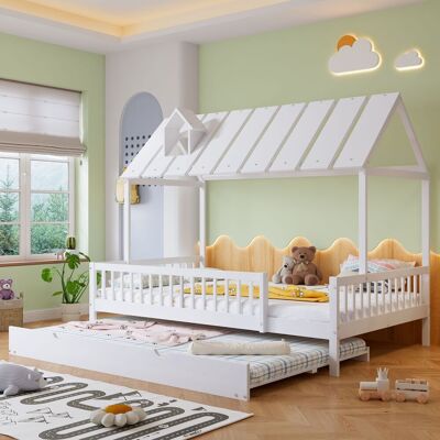 ACKERMAN Lit Maison Avec Lit Roulant, Toit Avec Moulure De Cheminée, Lit D'Enfant, Lit Jeune, Avec Barrière 3 Côtés, Pin + Mdf, Blanc, 120 X 200/190 Cm - Publicité ACKERMAN Lit Maison Avec Lit Roulant, Toit Avec Moulure De Cheminée, Lit D'Enfant, Lit Jeune, Avec Barrière 3 Côtés, Pin + Mdf, Blanc, 120 X 200/190 Cm - Publicité