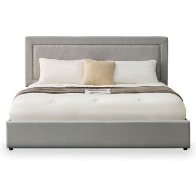 MENZZO Lit Coffre Sandiego Avec Sommier Relevable 180x200cm Et Tête De Lit Cloutée Velours Gris Clair - Publicité MENZZO Lit Coffre Sandiego Avec Sommier Relevable 180x200cm Et Tête De Lit Cloutée Velours Gris Clair - Publicité