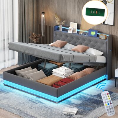 ACKERMAN Lit Capitonné Led 160200 Cm Avec Port De Charge Usb Et Coffre Hydraulique, Tissu Lin Hypoallergénique, Gris - Publicité ACKERMAN Lit Capitonné Led 160200 Cm Avec Port De Charge Usb Et Coffre Hydraulique, Tissu Lin Hypoallergénique, Gris - Publicité