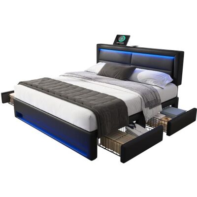 Generic Lit Capitonné 140 X 190 Cm Avec Port Usb (prend En Charge Le Chargement Sans Fil Et Filaire),avec Éclairage Led Et Quatre Tiroirs De Rangement,sans Matelas,design Pu Litchi,noir - Publicité Generic Lit Capitonné 140 X 190 Cm Avec Port Usb (prend En Charge Le Chargement Sans Fil Et Filaire),avec Éclairage Led Et Quatre Tiroirs De Rangement,sans Matelas,design Pu Litchi,noir - Publicité