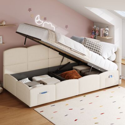 LEMONBEST Lit De Jour Simple 90x200 Cm En Bouclé Beige Avec Rangement, Usb, Sommier À Lattes, Lit Enfant/ado/adulte Sans Matelas - Publicité LEMONBEST Lit De Jour Simple 90x200 Cm En Bouclé Beige Avec Rangement, Usb, Sommier À Lattes, Lit Enfant/ado/adulte Sans Matelas - Publicité