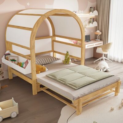 ACKERMAN Lit À Toit Voûté Extensible, Lit Coulissant, Lit D'Enfant, Daybed, Petite Surface Latérale De Rangement, Pin+mdf, Blanc+nature, 140x200 Cm - Publicité ACKERMAN Lit À Toit Voûté Extensible, Lit Coulissant, Lit D'Enfant, Daybed, Petite Surface Latérale De Rangement, Pin+mdf, Blanc+nature, 140x200 Cm - Publicité