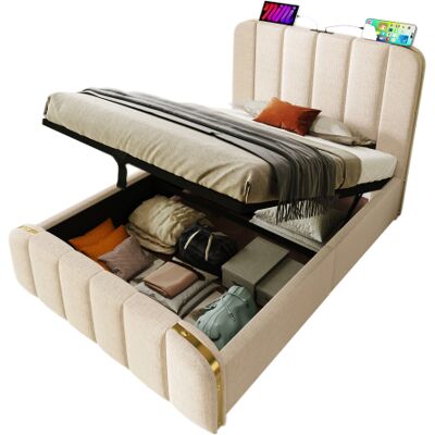 Generic Lit Simple Rembourré,tête De Lit Rembourrée Avec Rayures Décoratives Dorées Et Fonction De Charge Usb Type-c 90200 Cm,lit De Rangement Hydraulique En Lin Beige (avec Matelas) - Publicité Generic Lit Simple Rembourré,tête De Lit Rembourrée Avec Rayures Décoratives Dorées Et Fonction De Charge Usb Type-c 90200 Cm,lit De Rangement Hydraulique En Lin Beige (avec Matelas) - Publicité