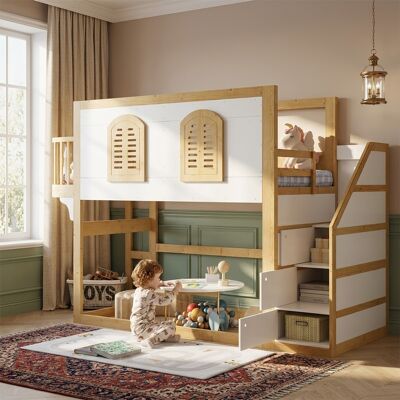 LEMONBEST Lit Mezzanine 90x200 Cm Avec Escalier Placard, Espace Jeu, Lt Cabane Enfant Avec Fenêtres, Barrières Et Sommier À Lattes En Bois Blanc Et Naturel - Publicité LEMONBEST Lit Mezzanine 90x200 Cm Avec Escalier Placard, Espace Jeu, Lt Cabane Enfant Avec Fenêtres, Barrières Et Sommier À Lattes En Bois Blanc Et Naturel - Publicité