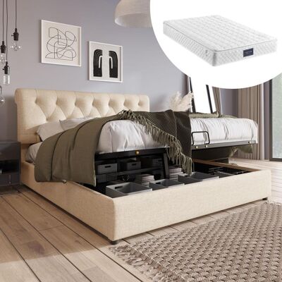OEM Lit Double Hydraulique Capitonné 160x200cm, Tête De Lit Réglable, Sommier À Lattes En Métal, Cadre De Lit Moderne Avec Espace De Rangement, Coloris Naturel, Matelas Inclus - Publicité OEM Lit Double Hydraulique Capitonné 160x200cm, Tête De Lit Réglable, Sommier À Lattes En Métal, Cadre De Lit Moderne Avec Espace De Rangement, Coloris Naturel, Matelas Inclus - Publicité