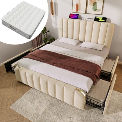 ACKERMAN Lit Capitonné Double, Tête De Lit Rembourrée Ornée De Rayures Décoratives Dorées Et Fonction De Chargement Usb Type-c, 180200 Cm, Revêtement En Lin Beige Avec 4 Tiroirs, Capacité De Charge 226 Kg (ave - Publicité ACKERMAN Lit Capitonné Double, Tête De Lit Rembourrée Ornée De Rayures Décoratives Dorées Et Fonction De Chargement Usb Type-c, 180200 Cm, Revêtement En Lin Beige Avec 4 Tiroirs, Capacité De Charge 226 Kg (ave - Publicité