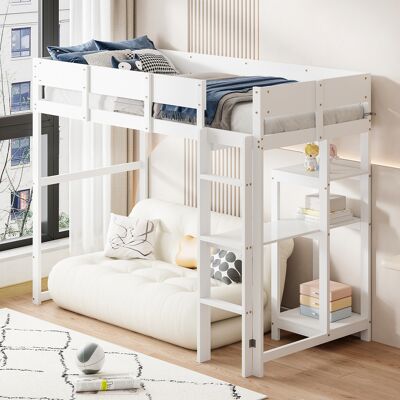 ACKERMAN Lit Mezzanine Avec Étagère 90 X 200 Cm, Cadre De Lit En Bois Massif De Pin Avec Sommier À Lattes, Lit Pour Enfants Et Adolescents, Blanc - Publicité ACKERMAN Lit Mezzanine Avec Étagère 90 X 200 Cm, Cadre De Lit En Bois Massif De Pin Avec Sommier À Lattes, Lit Pour Enfants Et Adolescents, Blanc - Publicité