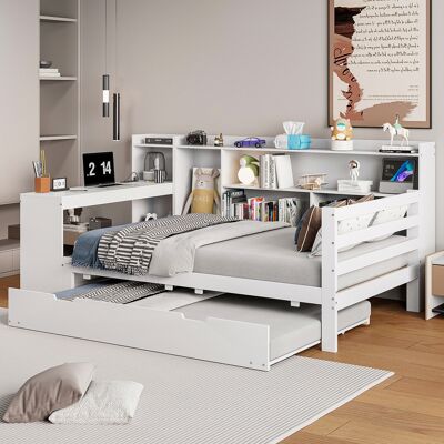 ARRIGONI Canapé-lit En Bois Massif 90 X 200 Cm, Avec Bureau, Étagères À Livres, Compartiments De Rangement Et Étagères, Avec Prise, Lit Gigogne Escamotable, Lit Multifonction En Bois, Blanc - Publicité ARRIGONI Canapé-lit En Bois Massif 90 X 200 Cm, Avec Bureau, Étagères À Livres, Compartiments De Rangement Et Étagères, Avec Prise, Lit Gigogne Escamotable, Lit Multifonction En Bois, Blanc - Publicité