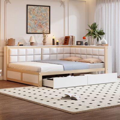 ACKERMAN Canapé-lit En Bois 140 X 200, Lit Multifonctionnel Avec Dossier Moelleux, Grand Tiroir De Rangement, Lit Simple, Lit Jeune, Lit En Bois De Pin, Couleur Bois - Publicité ACKERMAN Canapé-lit En Bois 140 X 200, Lit Multifonctionnel Avec Dossier Moelleux, Grand Tiroir De Rangement, Lit Simple, Lit Jeune, Lit En Bois De Pin, Couleur Bois - Publicité
