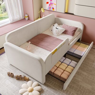 ACKERMAN Lit D'Enfant Combiné, Lit Capitonné, Lit De Jour, Canapé-lit Avec Cadre De Lit En Métal, 3 Petites Poches De Rangement, 2 Tiroirs Sur Roulettes, Velours + Mdf + Contreplaqué, Blanc, 90 X 200 Cm - Publicité ACKERMAN Lit D'Enfant Combiné, Lit Capitonné, Lit De Jour, Canapé-lit Avec Cadre De Lit En Métal, 3 Petites Poches De Rangement, 2 Tiroirs Sur Roulettes, Velours + Mdf + Contreplaqué, Blanc, 90 X 200 Cm - Publicité