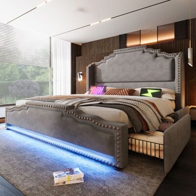 ACKERMAN Lit Rembourré 180x200, Lit Double Avec 4 Tiroirs, Éclairage Led Et Port De Chargement Usb-c, Lit Coffre Et Lit Enfant Avec Sommier À Lattes, Velours Gris, Sans Matelas - Publicité ACKERMAN Lit Rembourré 180x200, Lit Double Avec 4 Tiroirs, Éclairage Led Et Port De Chargement Usb-c, Lit Coffre Et Lit Enfant Avec Sommier À Lattes, Velours Gris, Sans Matelas - Publicité