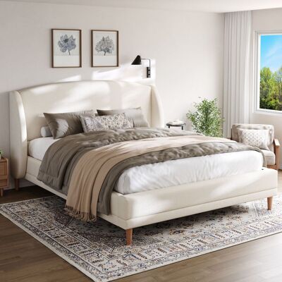 LEMONBEST Lit Capitonné 140 X 190 Cm, Lit Double Avec Tête De Lit À Oreilles, Sommier À Lattes Et Pieds En Hévéa, Tissu Bouclé, Blanc Ivoire - Publicité LEMONBEST Lit Capitonné 140 X 190 Cm, Lit Double Avec Tête De Lit À Oreilles, Sommier À Lattes Et Pieds En Hévéa, Tissu Bouclé, Blanc Ivoire - Publicité