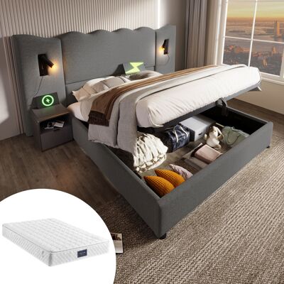 ACKERMAN Lit Double Capitonné 160x200 Avec Lampe De Lecture Et Fonction De Chargement Usb Type-c, Cadre De Lit Coffre Avec Sommier À Lattes En Bois Massif Et Métal, Gris, Lin (avec Matelas) - Publicité ACKERMAN Lit Double Capitonné 160x200 Avec Lampe De Lecture Et Fonction De Chargement Usb Type-c, Cadre De Lit Coffre Avec Sommier À Lattes En Bois Massif Et Métal, Gris, Lin (avec Matelas) - Publicité