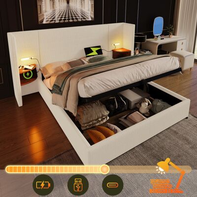 ACKERMAN Lit Double Capitonné 160x200 Avec Table De Chevet, Lampe De Lecture Et Fonction De Chargement Usb Type-c, Cadre De Lit Avec Rangement, Sommier À Lattes En Bois Massif Et Métal, Beige-blanc, Tissu Velo - Publicité ACKERMAN Lit Double Capitonné 160x200 Avec Table De Chevet, Lampe De Lecture Et Fonction De Chargement Usb Type-c, Cadre De Lit Avec Rangement, Sommier À Lattes En Bois Massif Et Métal, Beige-blanc, Tissu Velo - Publicité