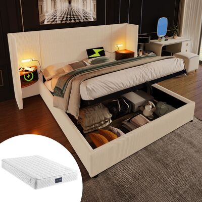 ACKERMAN Lit Double Capitonné 160x200 Avec Table De Chevet, Lampe De Lecture Et Fonction De Chargement Usb Type-c, Cadre De Lit Avec Rangement, Sommier À Lattes En Bois Massif Et Métal, Beige-blanc, Tissu En V - Publicité ACKERMAN Lit Double Capitonné 160x200 Avec Table De Chevet, Lampe De Lecture Et Fonction De Chargement Usb Type-c, Cadre De Lit Avec Rangement, Sommier À Lattes En Bois Massif Et Métal, Beige-blanc, Tissu En V - Publicité