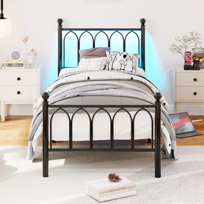 VIVACASA Lit Métal 90x200 Cm Tête Pied Vintage Led Usb Rangement Sous Lit Acier Noir Lit Robuste Industriel - Publicité VIVACASA Lit Métal 90x200 Cm Tête Pied Vintage Led Usb Rangement Sous Lit Acier Noir Lit Robuste Industriel - Publicité