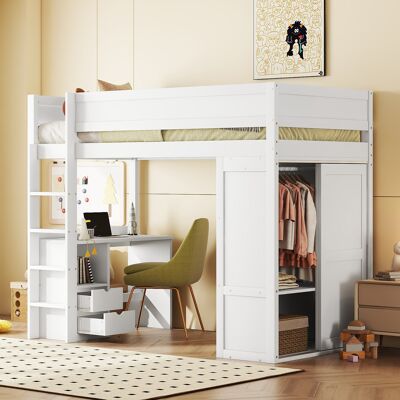 ACKERMAN Lit Mezzanine 90 X 200 Cm, Lit D'Enfant Polyvalent, Équipé D'Armoire, Bureau Et Tiroirs, Blanc - Publicité ACKERMAN Lit Mezzanine 90 X 200 Cm, Lit D'Enfant Polyvalent, Équipé D'Armoire, Bureau Et Tiroirs, Blanc - Publicité
