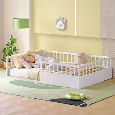 ACKERMAN Lit D'Enfant En Bois Massif Lit Au Sol 140 X 200 Cm Avec Protection Contre Les Chutes Et Sommier À Lattes, Lit Montessori Lit À Barreaux Avec Côté Ouvert, Pin Lit Simple En Blanc - Publicité ACKERMAN Lit D'Enfant En Bois Massif Lit Au Sol 140 X 200 Cm Avec Protection Contre Les Chutes Et Sommier À Lattes, Lit Montessori Lit À Barreaux Avec Côté Ouvert, Pin Lit Simple En Blanc - Publicité