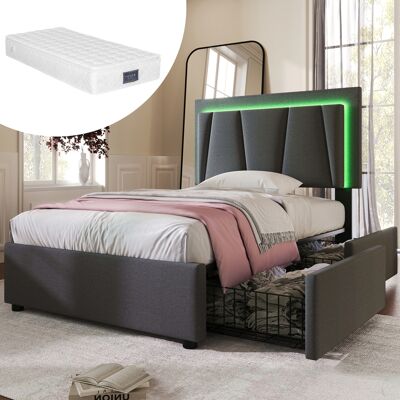 ACKERMAN Lit Rembourré Avec Éclairage Led Et 2 Tiroirs, Tête De Lit Réglable En Hauteur, Lit Simple 90x200cm, Cadre De Lit Avec Rangement, Sommier À Lattes En Bois, Garu (avec Matelas) - Publicité ACKERMAN Lit Rembourré Avec Éclairage Led Et 2 Tiroirs, Tête De Lit Réglable En Hauteur, Lit Simple 90x200cm, Cadre De Lit Avec Rangement, Sommier À Lattes En Bois, Garu (avec Matelas) - Publicité