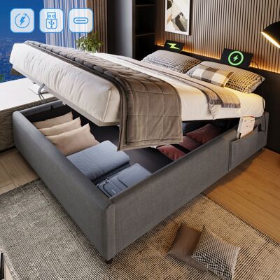 ACKERMAN Lit Double Capitonné 140×200 Cm, Cadre De Lit Coffre Avec Port Usb-c Et Sommier À Lattes, Sans Tête De Lit, Coton, Gris - Publicité ACKERMAN Lit Double Capitonné 140×200 Cm, Cadre De Lit Coffre Avec Port Usb-c Et Sommier À Lattes, Sans Tête De Lit, Coton, Gris - Publicité