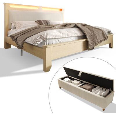 ACKERMAN Lit Double En Bois 140×200cm Avec Banquette De Lit, Tête De Lit Avec Espace De Rangement, Éclairage Led Et Dossier Rembourré En Velours Côtelé Beige, Comprenant Une Banquette De Lit Avec Espace De Ran - Publicité ACKERMAN Lit Double En Bois 140×200cm Avec Banquette De Lit, Tête De Lit Avec Espace De Rangement, Éclairage Led Et Dossier Rembourré En Velours Côtelé Beige, Comprenant Une Banquette De Lit Avec Espace De Ran - Publicité