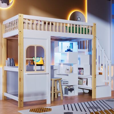 ACKERMAN Lit Mezzanine 90x200 Cm, Avec Led, Forme Fenêtre, Escalier À Rangement, Compartiment Ouvert, Bureau, Prises, Sans Matelas, Blanc+nature - Publicité ACKERMAN Lit Mezzanine 90x200 Cm, Avec Led, Forme Fenêtre, Escalier À Rangement, Compartiment Ouvert, Bureau, Prises, Sans Matelas, Blanc+nature - Publicité