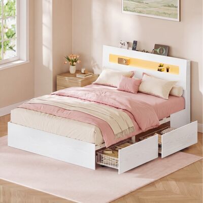 Vasagle – Lit Double Moderne 140 X 190 Cm – Cadre En Mdf Et Acier – 2 Tiroirs Coulissants – Éclairage Led Intégré – Design Épuré Blanc - Publicité Vasagle – Lit Double Moderne 140 X 190 Cm – Cadre En Mdf Et Acier – 2 Tiroirs Coulissants – Éclairage Led Intégré – Design Épuré Blanc - Publicité