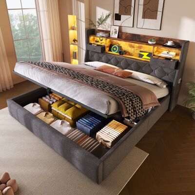 LEMONBEST Lit Double Rembourré 140x190 Cm Avec Rangement Hydraulique, Tête De Lit Led, Charge Usb/type-c, Sommier À Lattes, Lit Coffre, Lin, Gris - Publicité LEMONBEST Lit Double Rembourré 140x190 Cm Avec Rangement Hydraulique, Tête De Lit Led, Charge Usb/type-c, Sommier À Lattes, Lit Coffre, Lin, Gris - Publicité