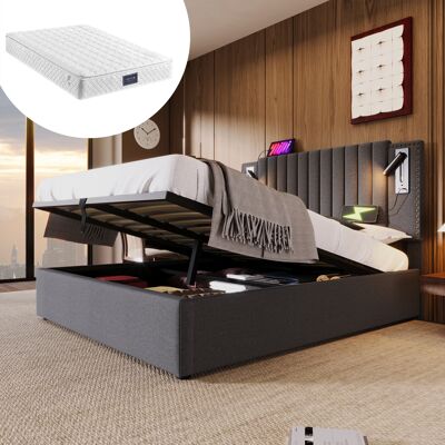 ACKERMAN Lit Rembourré 140x200, Lit Double Avec Rangement, Coffre De Lit, Lampe De Lecture Avec Fonction De Chargement Usb, Tête De Lit, Dossier À Motif Clouté, Sommier À Lattes Et Coffre De Lit, Coton, Gris ( - Publicité ACKERMAN Lit Rembourré 140x200, Lit Double Avec Rangement, Coffre De Lit, Lampe De Lecture Avec Fonction De Chargement Usb, Tête De Lit, Dossier À Motif Clouté, Sommier À Lattes Et Coffre De Lit, Coton, Gris ( - Publicité