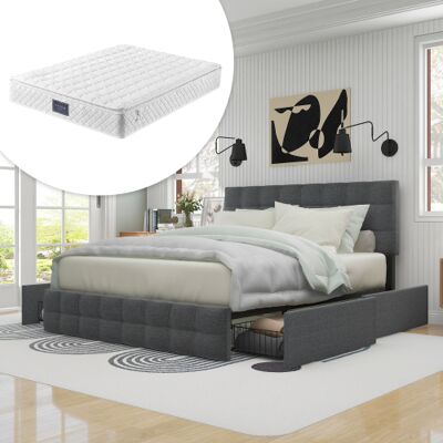 ACKERMAN Lit Rembourré Avec 4 Tiroirs, Lit Double Avec Sommier À Lattes, Lit De Rangement, Tête De Lit Réglable En Hauteur, Support À Lattes Métalliques, Revêtement En Lin (140200 Cm, Gris, Avec Matelas) - Publicité ACKERMAN Lit Rembourré Avec 4 Tiroirs, Lit Double Avec Sommier À Lattes, Lit De Rangement, Tête De Lit Réglable En Hauteur, Support À Lattes Métalliques, Revêtement En Lin (140200 Cm, Gris, Avec Matelas) - Publicité