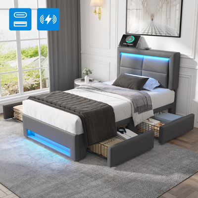 ACKERMAN Lit Capitonné 90 X 200 Cm, Avec Port Usb (prend En Charge La Charge Sans Fil Et Filaire), Avec Éclairage Led Et Quatre Tiroirs, Sans Matelas, Simili Cuir Motif Litchi, Gris - Publicité ACKERMAN Lit Capitonné 90 X 200 Cm, Avec Port Usb (prend En Charge La Charge Sans Fil Et Filaire), Avec Éclairage Led Et Quatre Tiroirs, Sans Matelas, Simili Cuir Motif Litchi, Gris - Publicité
