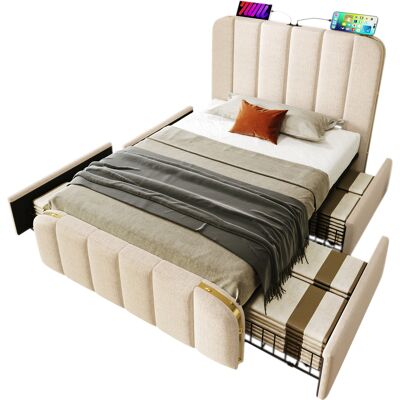 Generic Lit Simple Rembourré,tête De Lit Rembourrée Avec Rayures Décoratives Dorées Et Fonction De Charge Usb Type-c,90 X 200 Cm,tissu En Lin Beige Avec 4 Tiroirs (sans Matelas) - Publicité Generic Lit Simple Rembourré,tête De Lit Rembourrée Avec Rayures Décoratives Dorées Et Fonction De Charge Usb Type-c,90 X 200 Cm,tissu En Lin Beige Avec 4 Tiroirs (sans Matelas) - Publicité